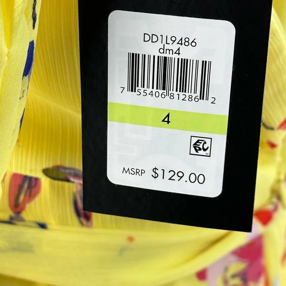 DKNY Short Sheer Sleeve Floral Print Midi Dress - Yellow - size 4